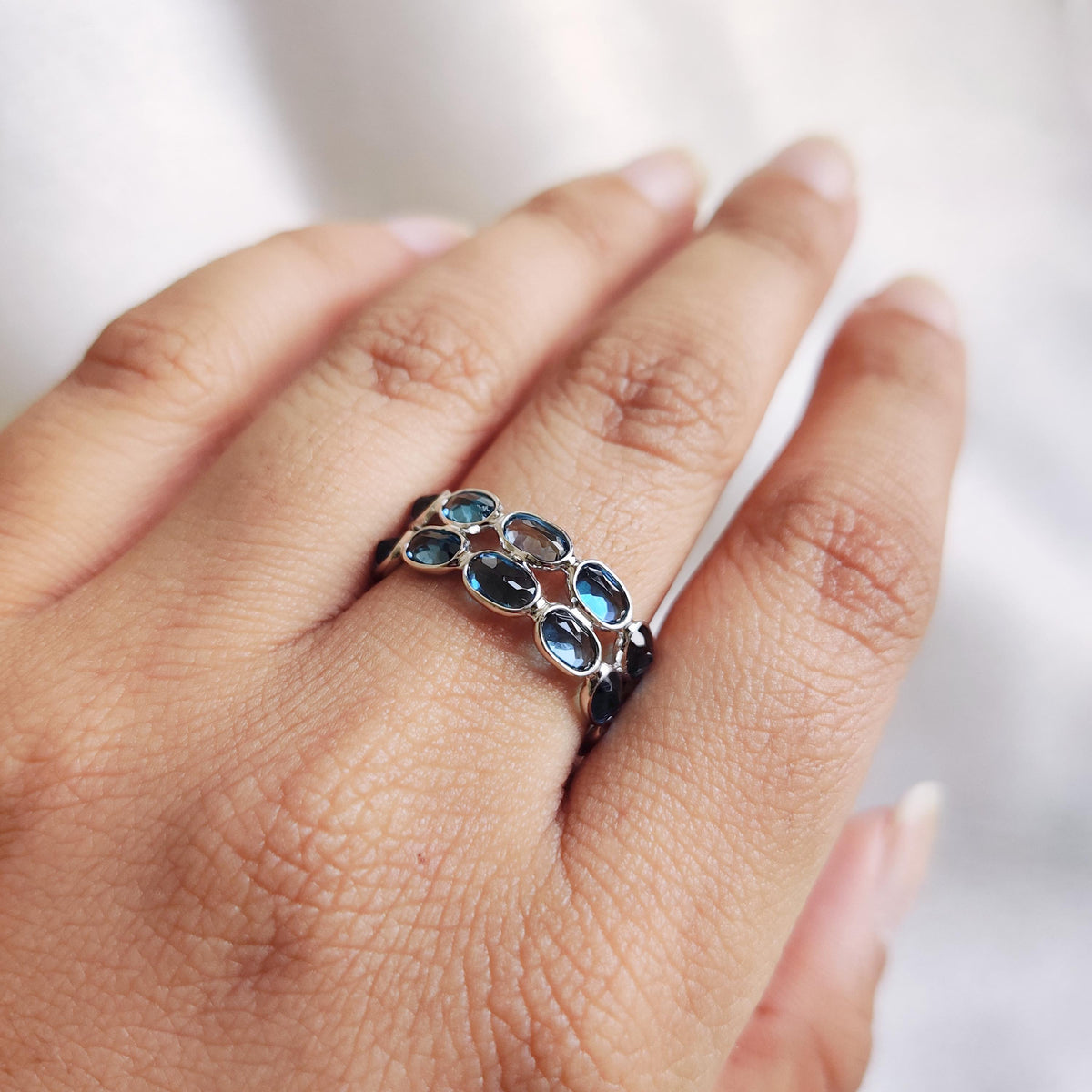 Natural London Blue Topaz Stackable Ring, 14K Solid White Gold, December Birthstone