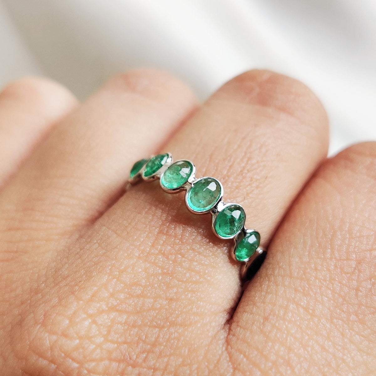 Natural Emerald Infinity Ring, 14K Solid White Gold Bezel Band