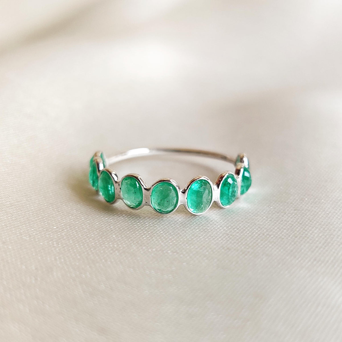 Natural Emerald Infinity Ring, 14K Solid White Gold Bezel Band