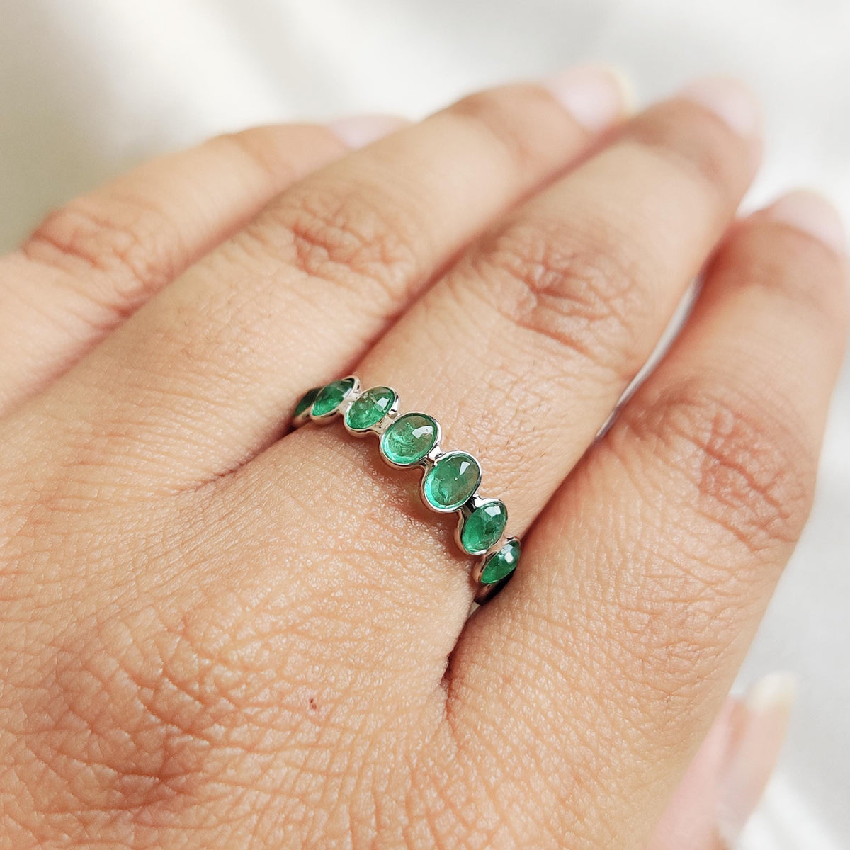 Natural Emerald Infinity Ring, 14K Solid White Gold Bezel Band