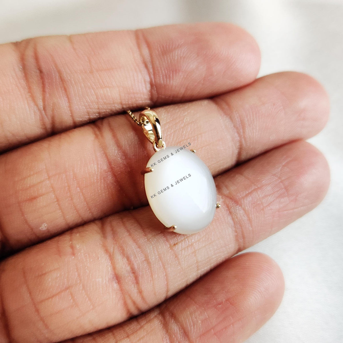 14K Solid Yellow Gold Natural White Moonstone Pendant, June Birthstone