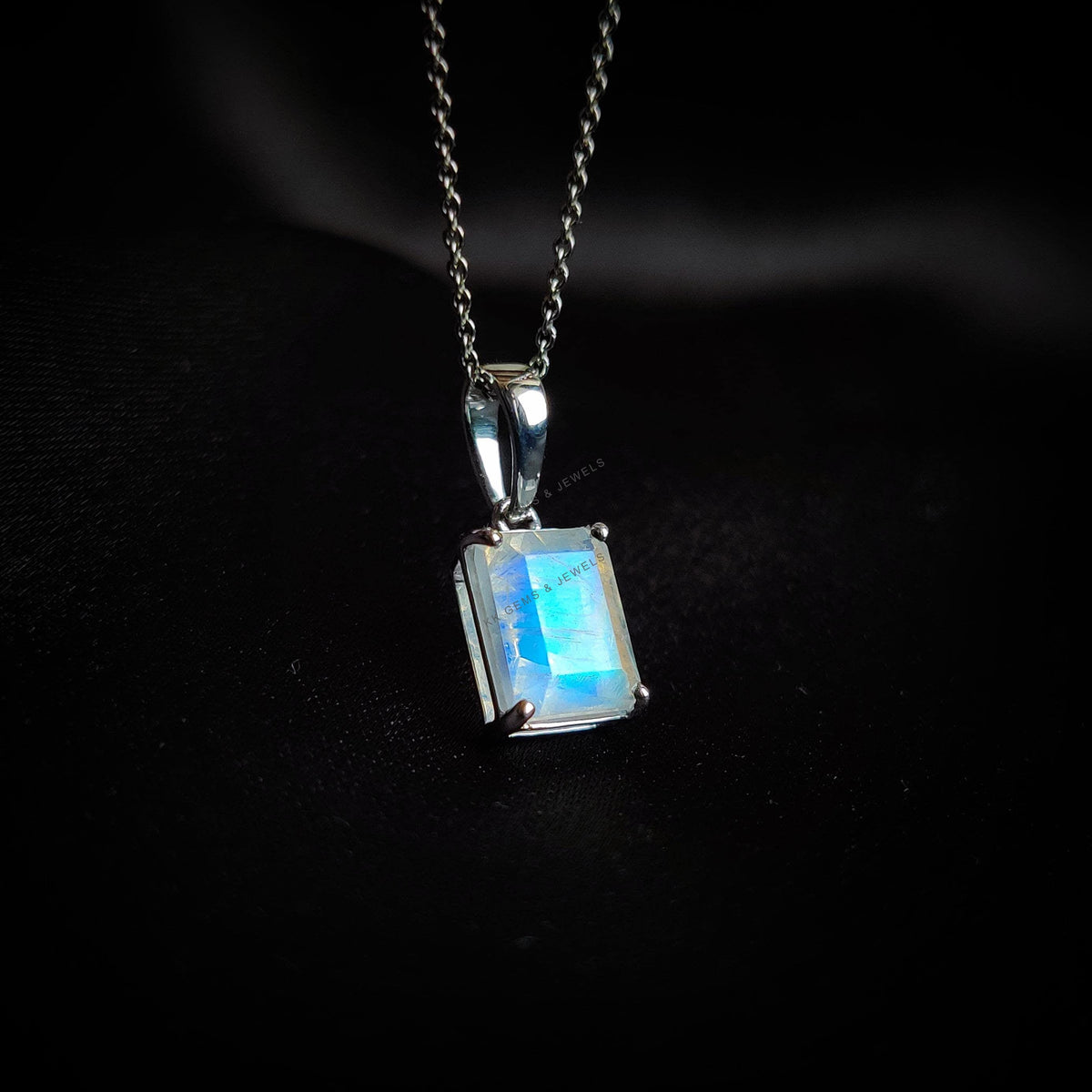 Natural Rainbow Moonstone Octagon Pendant, 14K Solid White Gold, June Birthstone