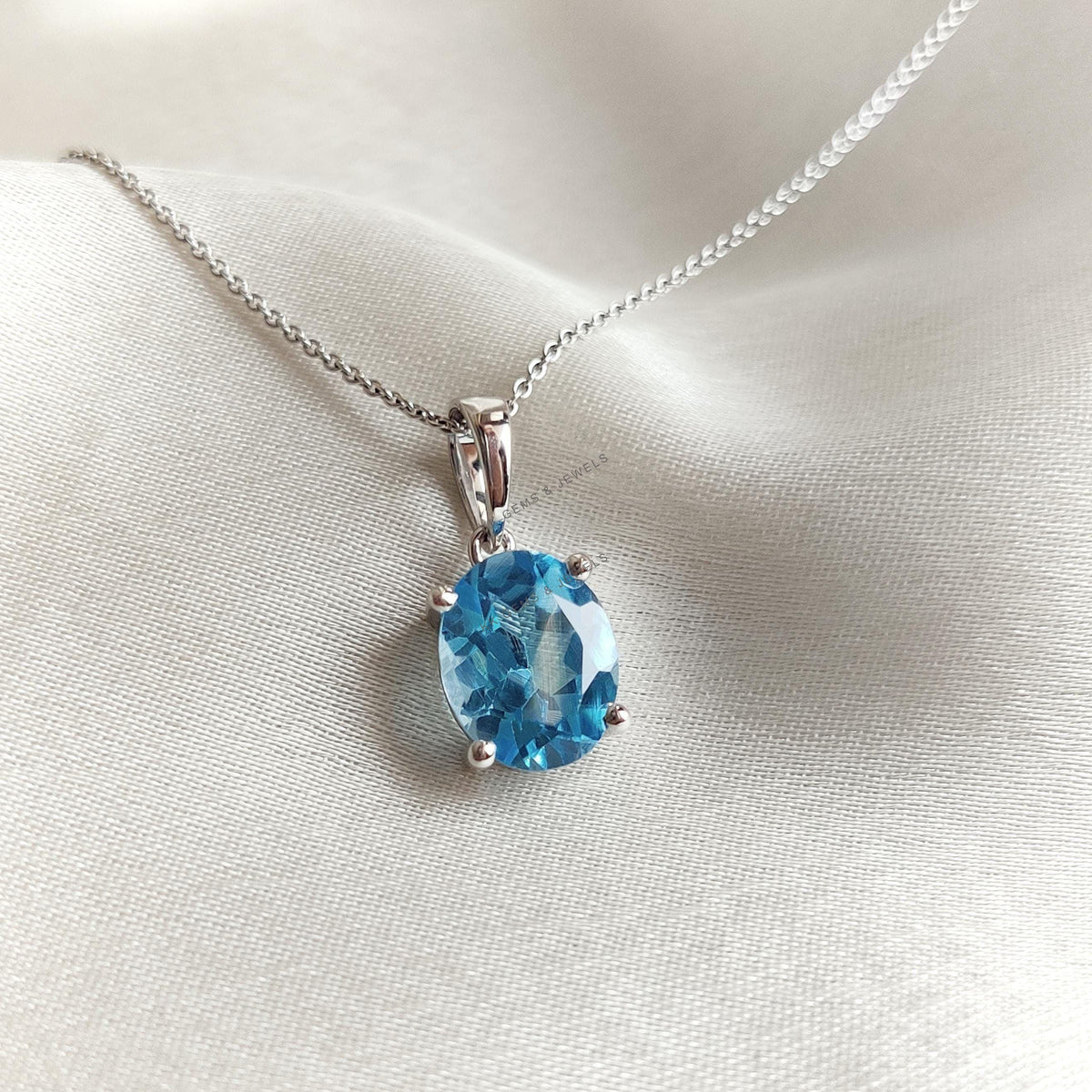 Natural Swiss Blue Topaz Pendant, 14K Solid White Gold, December Birthstone