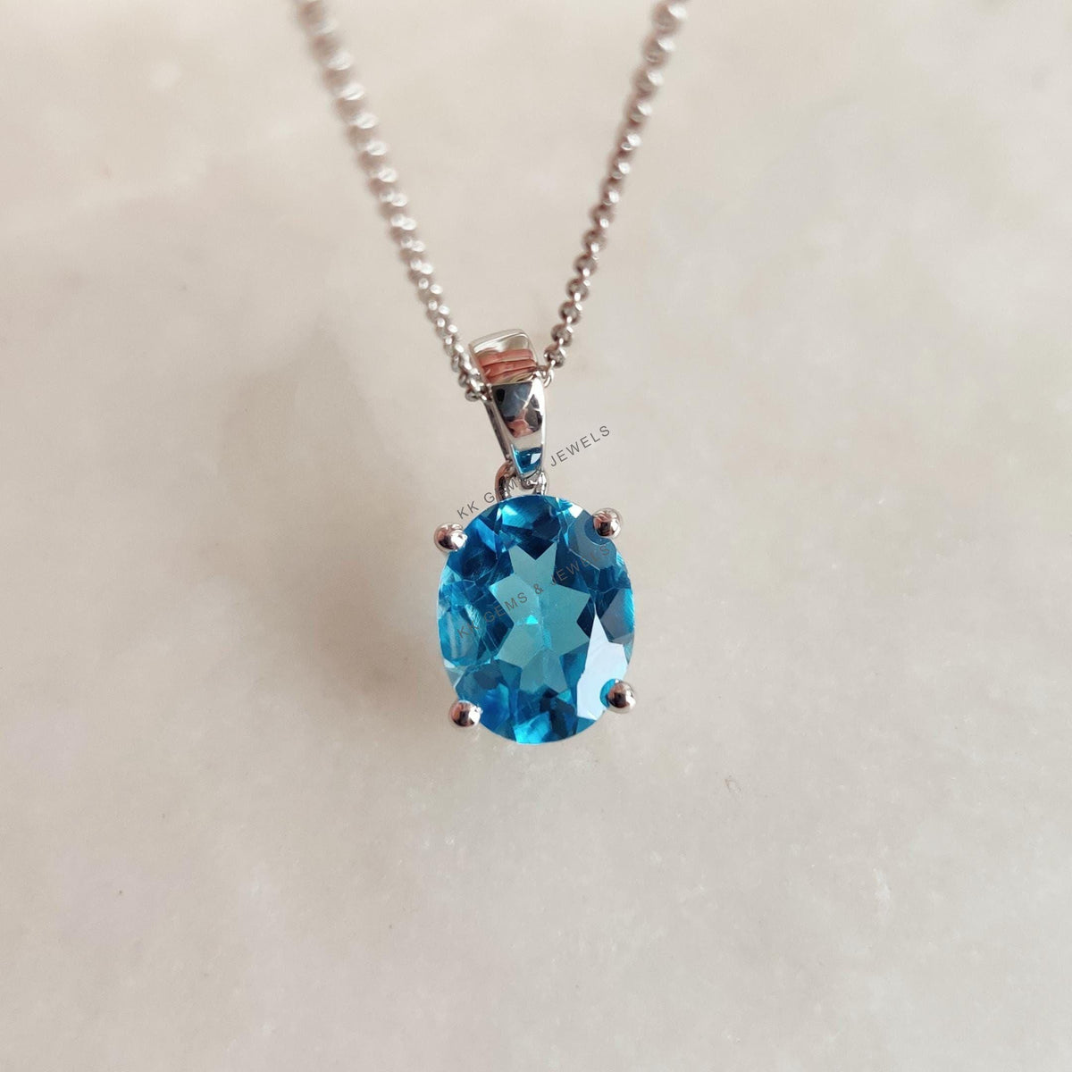 Natural Swiss Blue Topaz Pendant, 14K Solid White Gold, December Birthstone