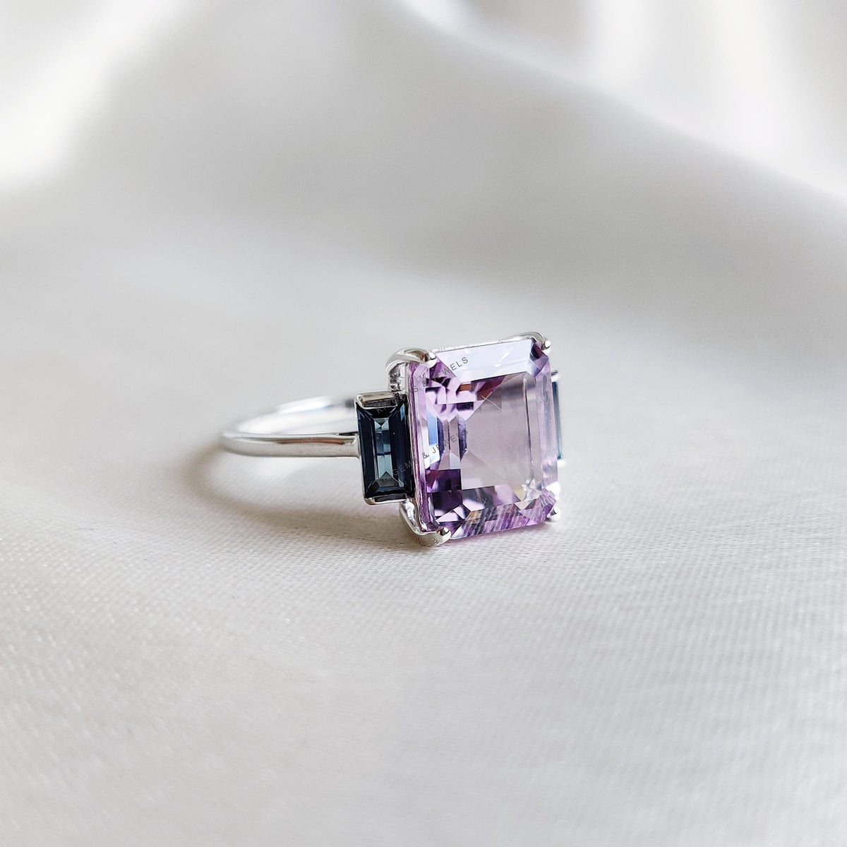 Natural Pink Amethyst & London Blue Topaz Ring, 14K Solid White Gold, Statement Jewelry