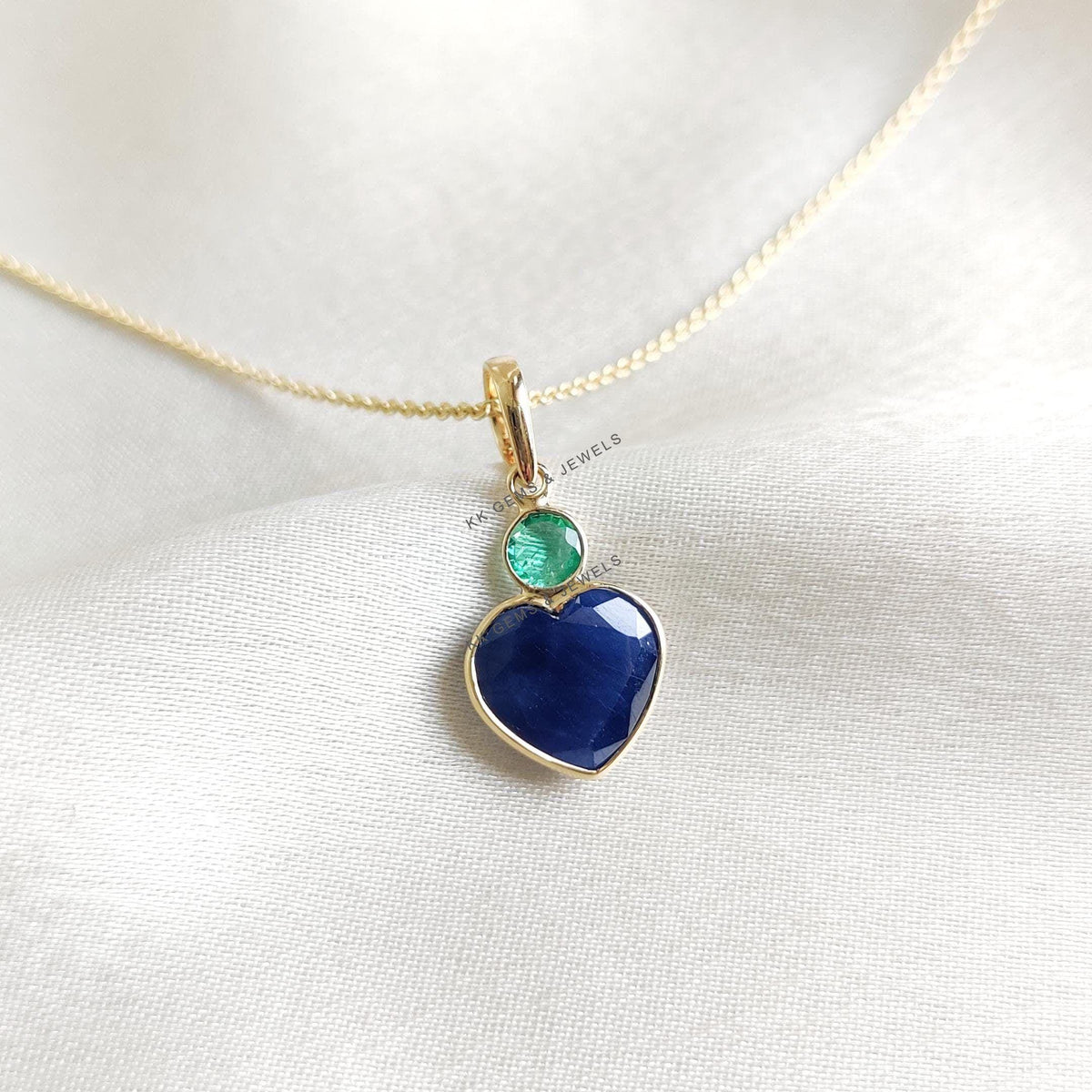 Natural Blue Sapphire & Emerald Heart Pendant, 14K Solid Yellow Gold Valentine Jewelry