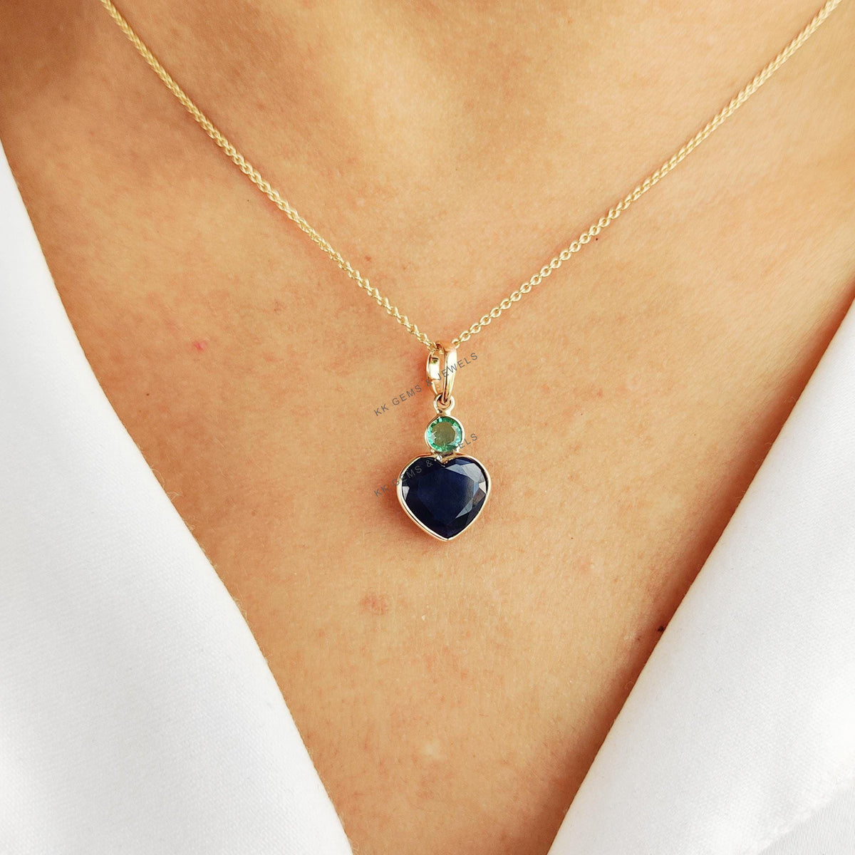 Natural Blue Sapphire & Emerald Heart Pendant, 14K Solid Yellow Gold Valentine Jewelry