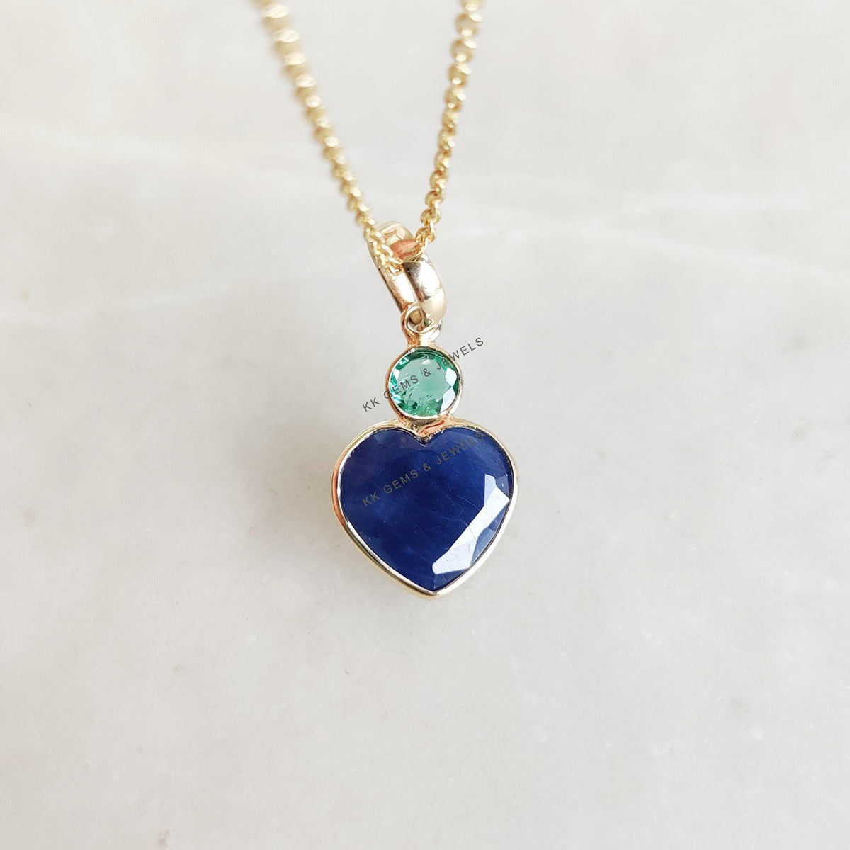 Natural Blue Sapphire & Emerald Heart Pendant, 14K Solid Yellow Gold Valentine Jewelry