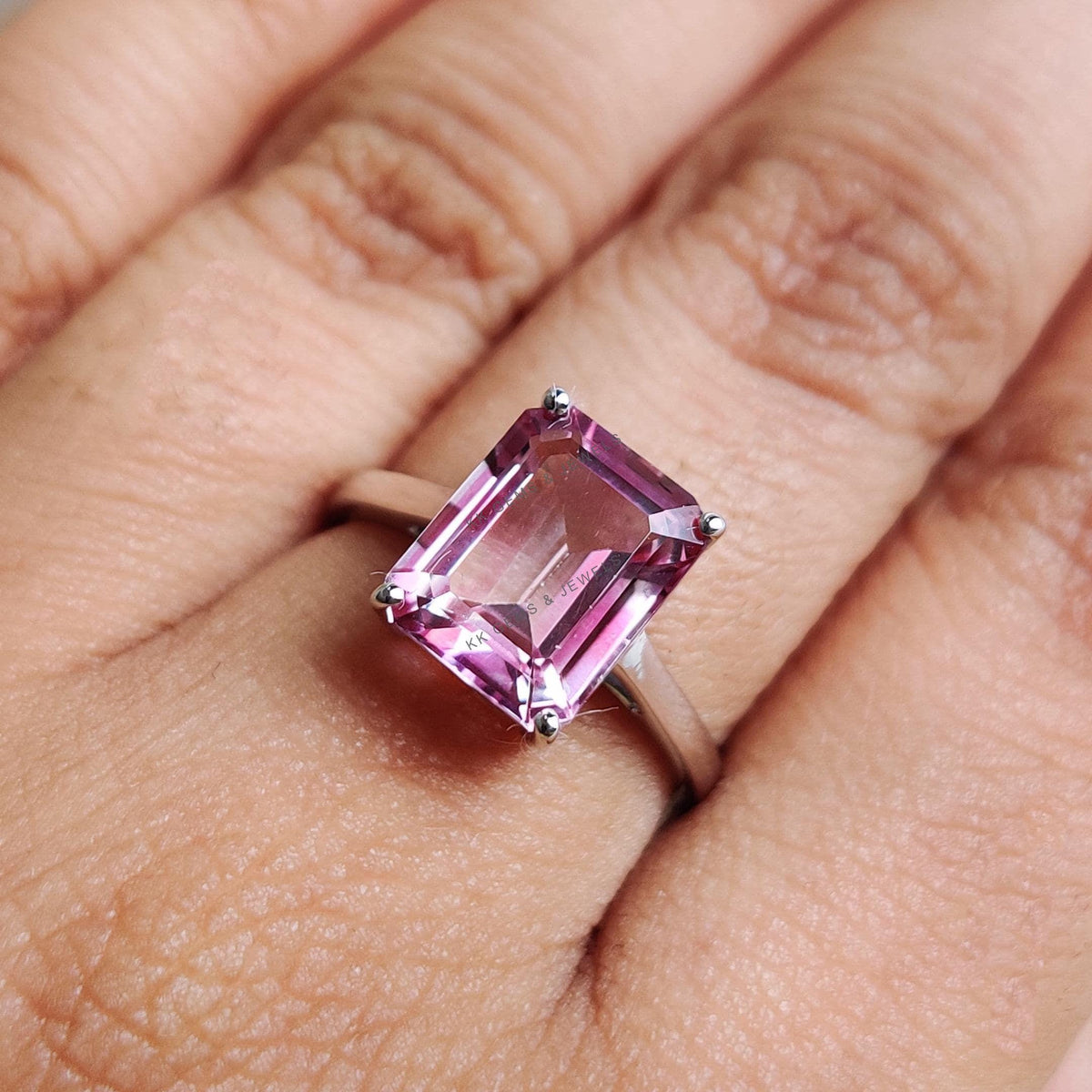 Natural Pink Topaz Octagon Ring, 14K Solid White Gold, Dainty Topaz Jewelry
