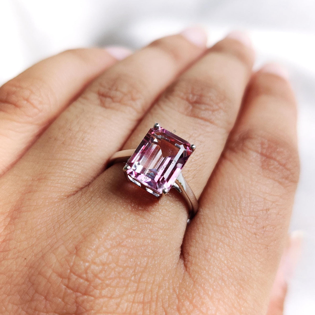 Natural Pink Topaz Octagon Ring, 14K Solid White Gold, Dainty Topaz Jewelry
