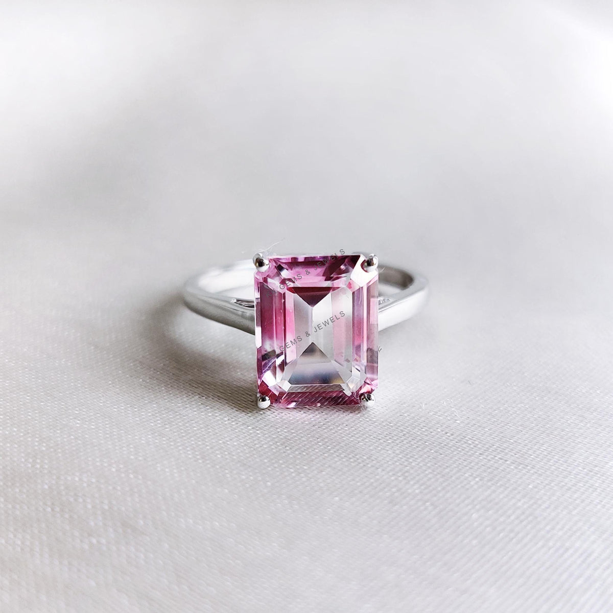 Natural Pink Topaz Octagon Ring, 14K Solid White Gold, Dainty Topaz Jewelry