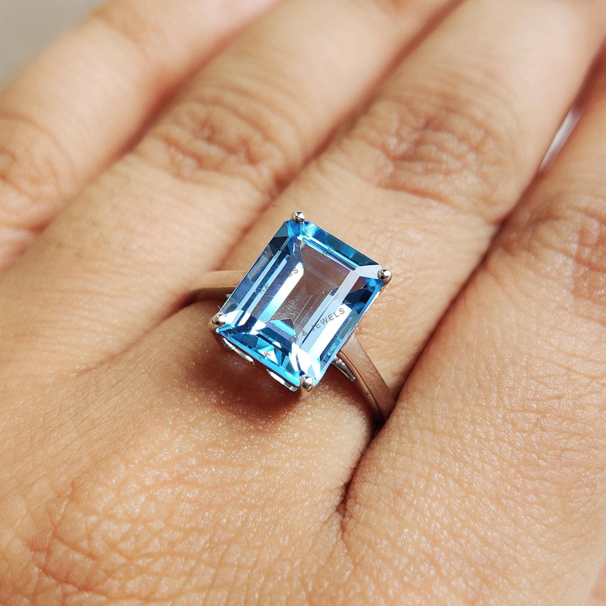 Natural Swiss Blue Topaz Octagon Ring, 14K Solid White Gold, December Birthstone