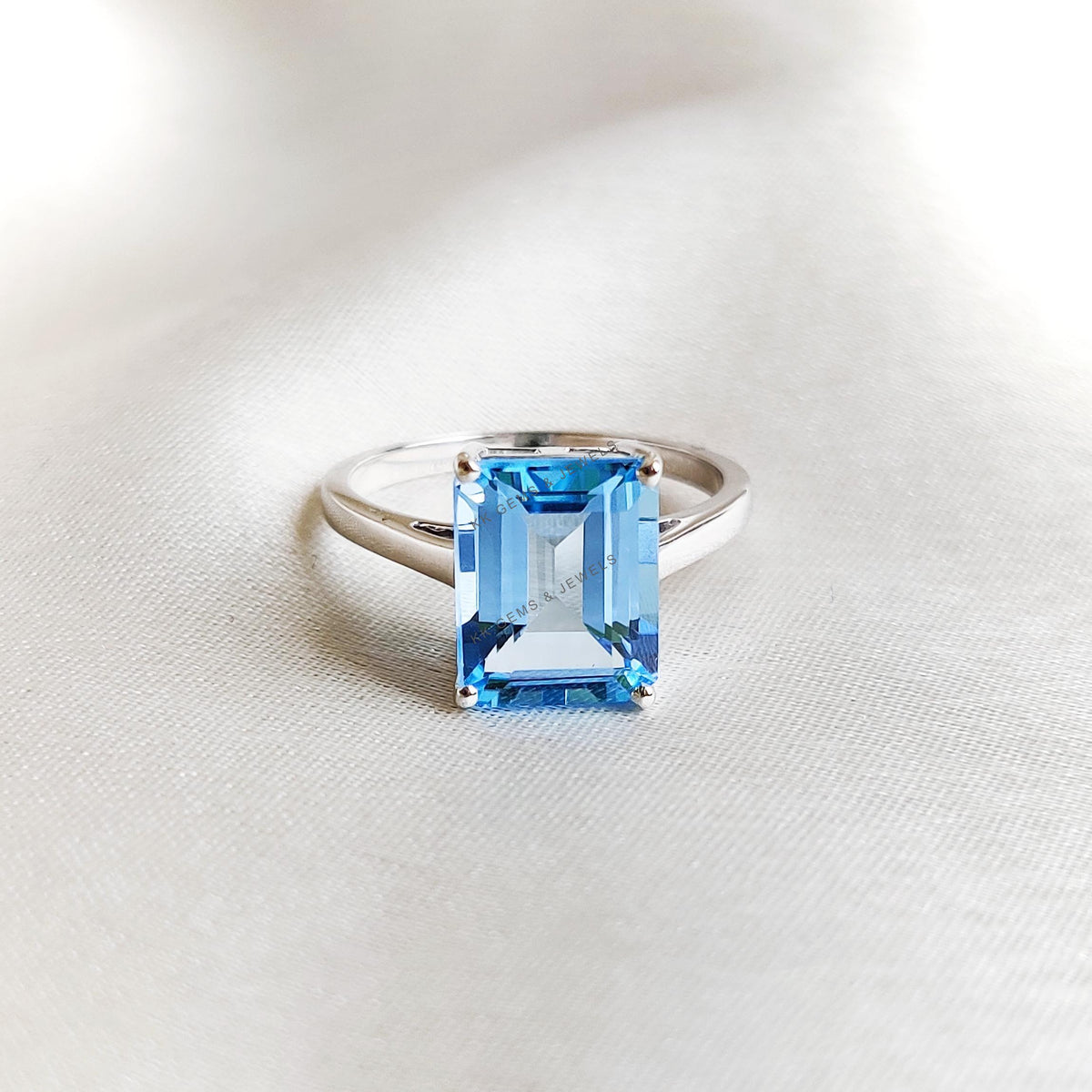 Natural Swiss Blue Topaz Octagon Ring, 14K Solid White Gold, December Birthstone