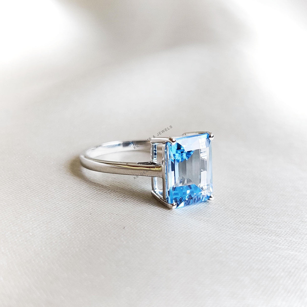 Natural Swiss Blue Topaz Octagon Ring, 14K Solid White Gold, December Birthstone