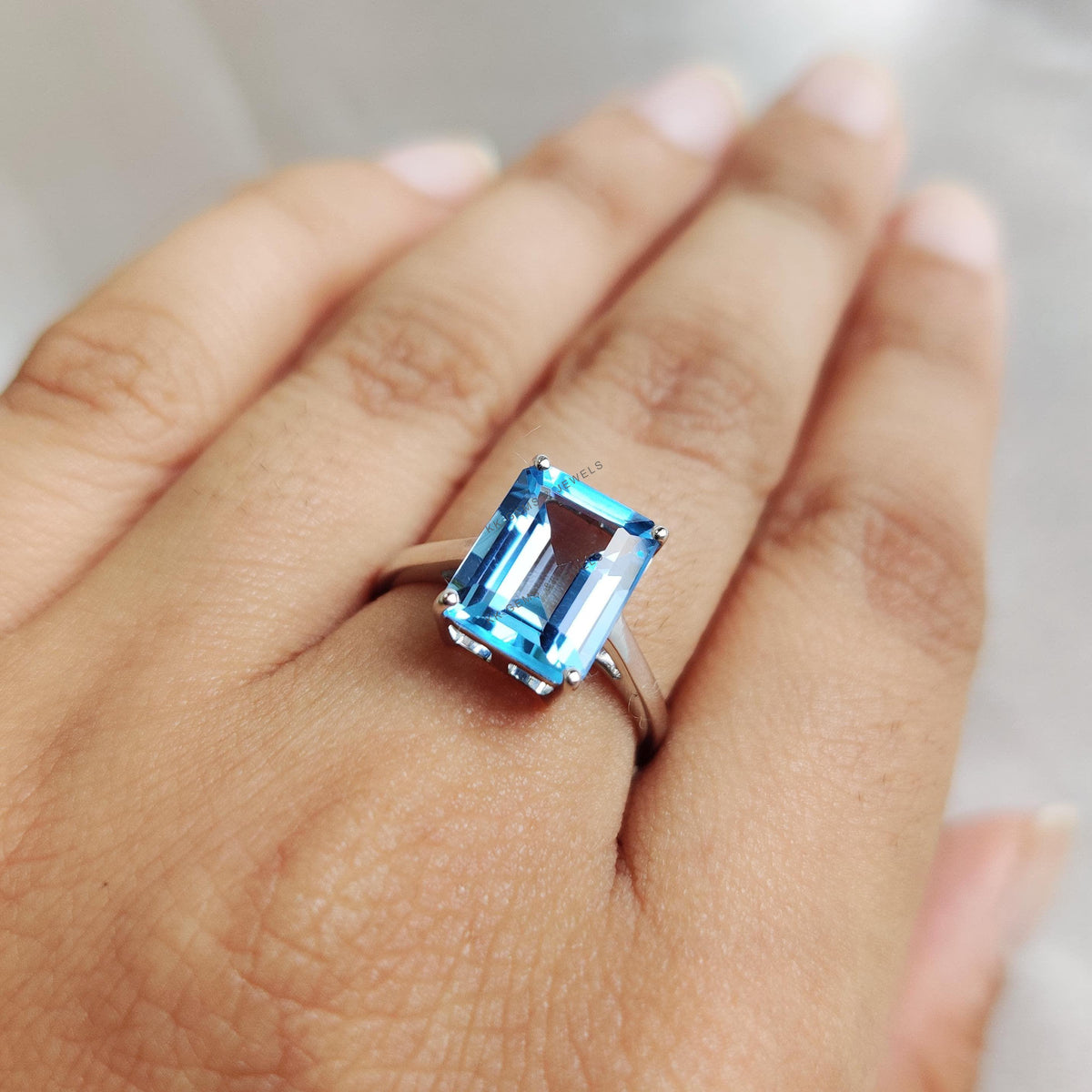 Natural Swiss Blue Topaz Octagon Ring, 14K Solid White Gold, December Birthstone