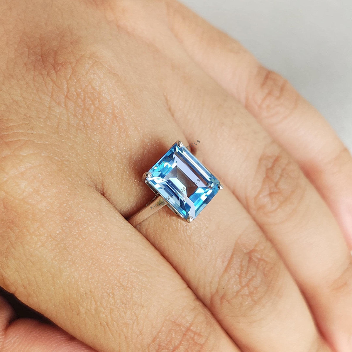 Natural Swiss Blue Topaz Octagon Ring, 14K Solid White Gold, December Birthstone