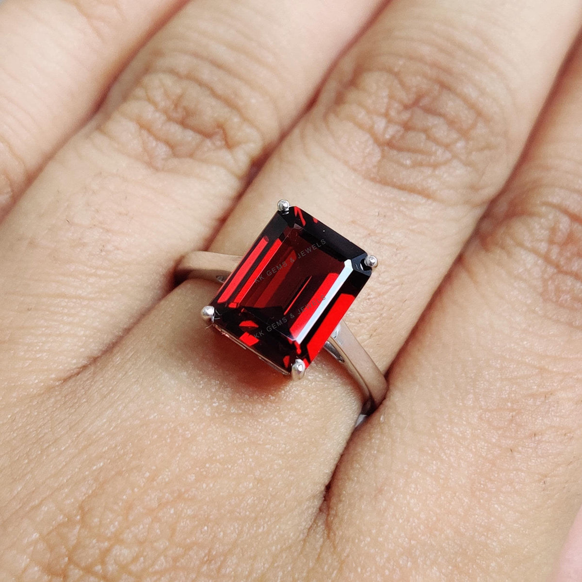 Natural Garnet Octagon 14K Solid White Gold Ring, January Birthstone