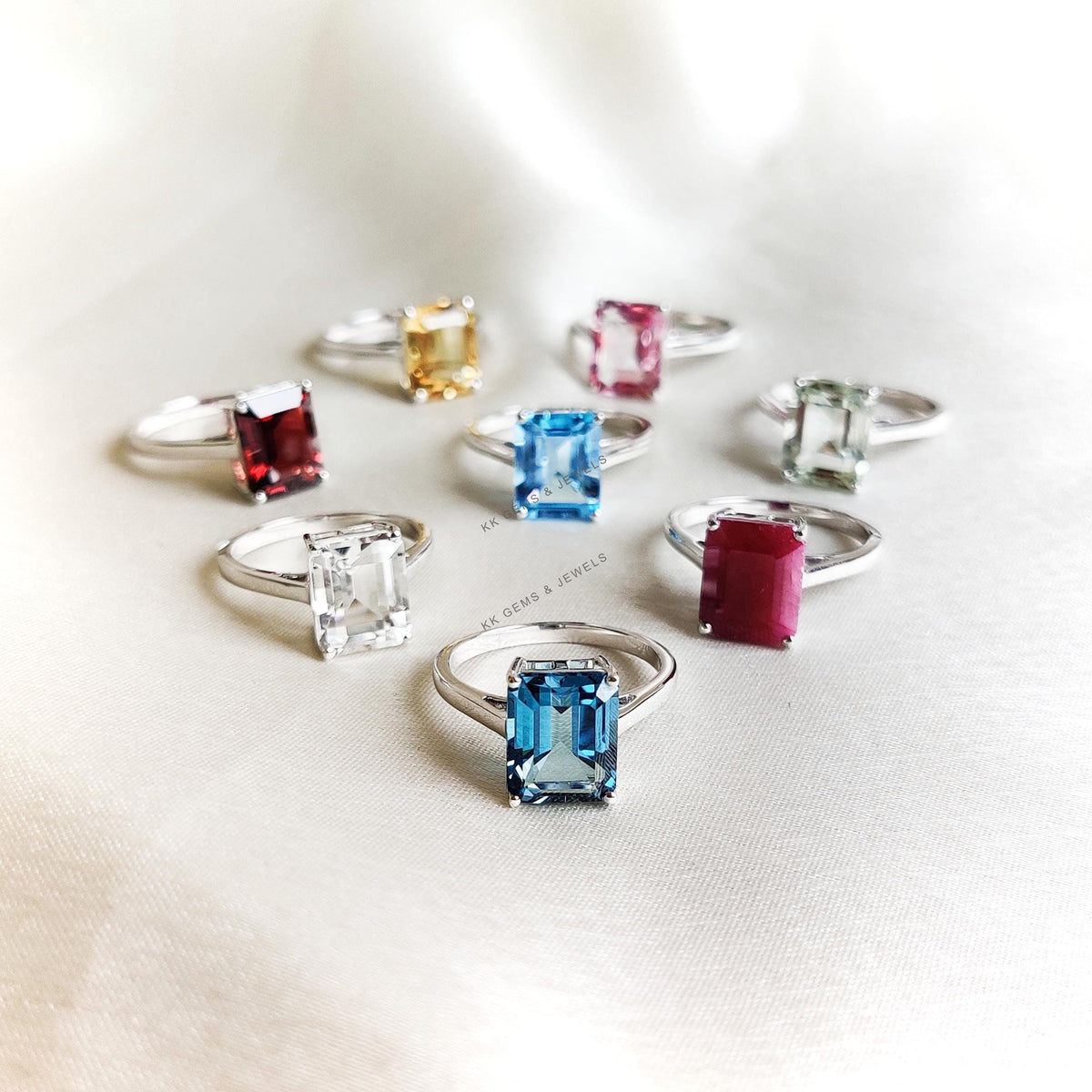Natural Garnet Octagon 14K Solid White Gold Ring, January Birthstone