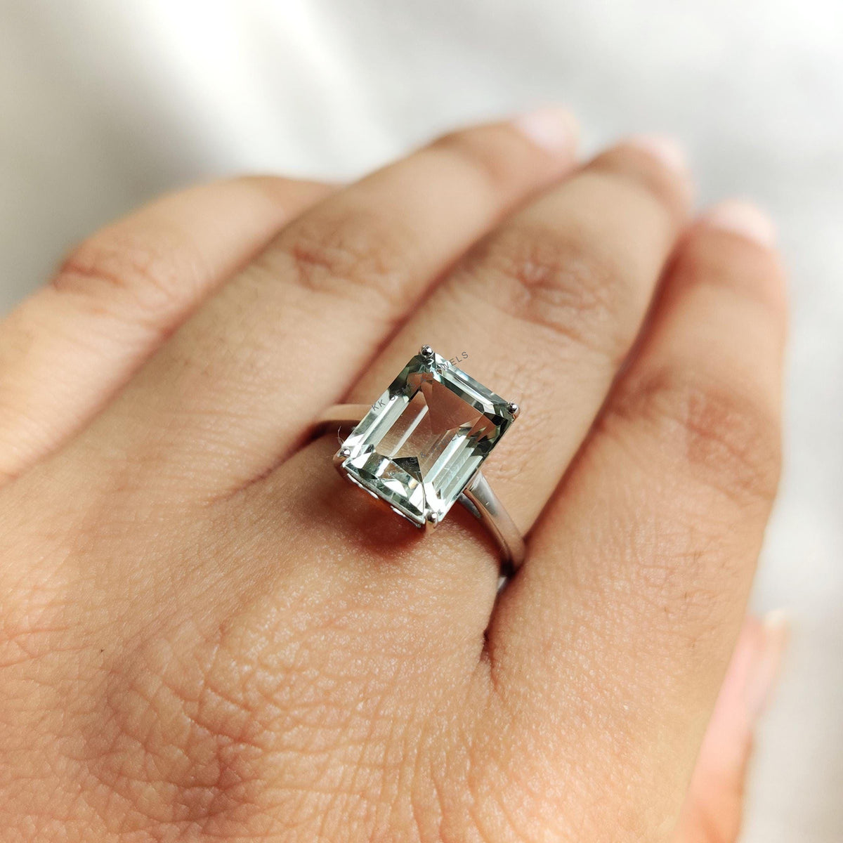Natural Green Amethyst Octagon Ring, 14K Solid White Gold, February Birthstone