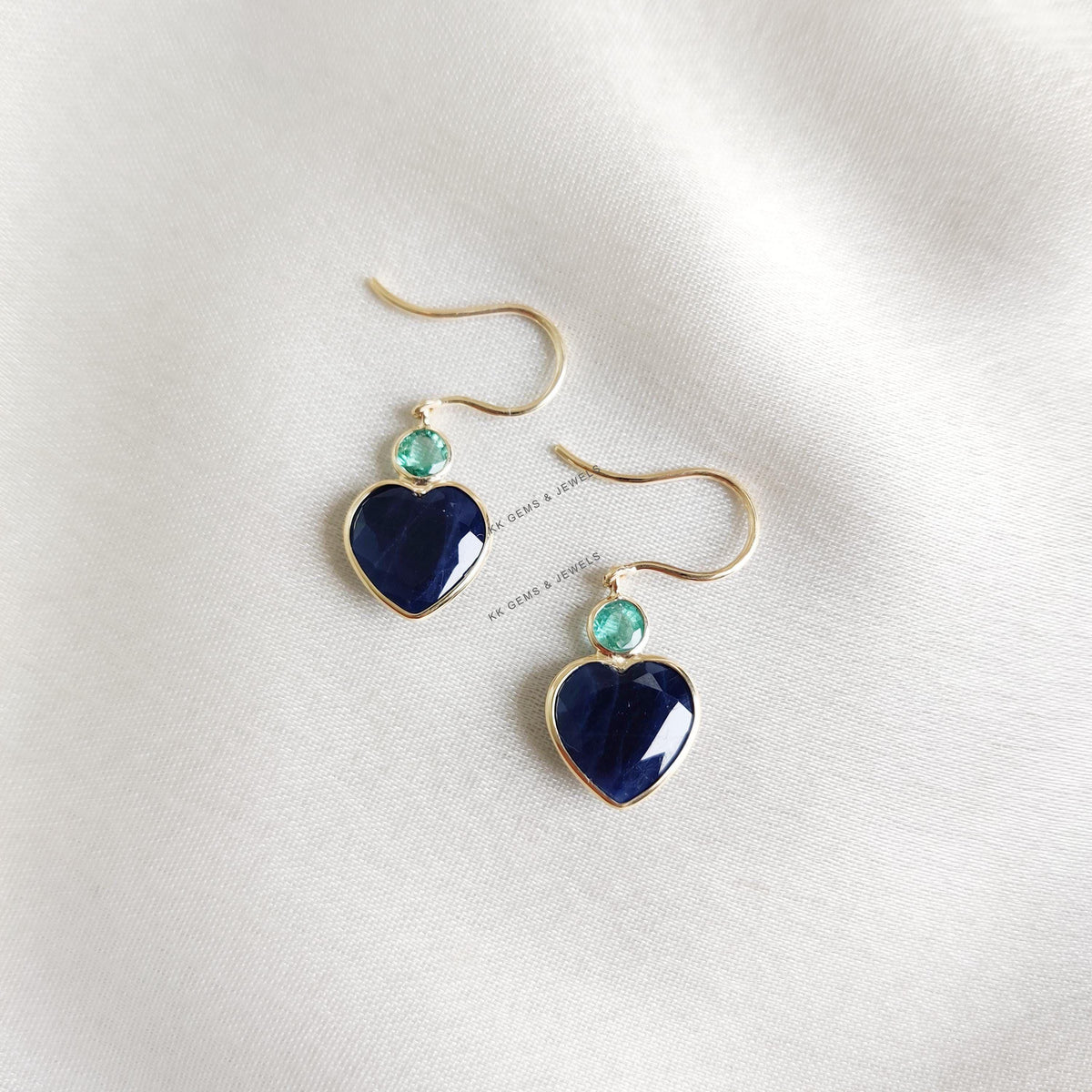 14K Solid Yellow Gold Natural Blue Sapphire & Emerald Heart Earrings, Valentine Jewelry