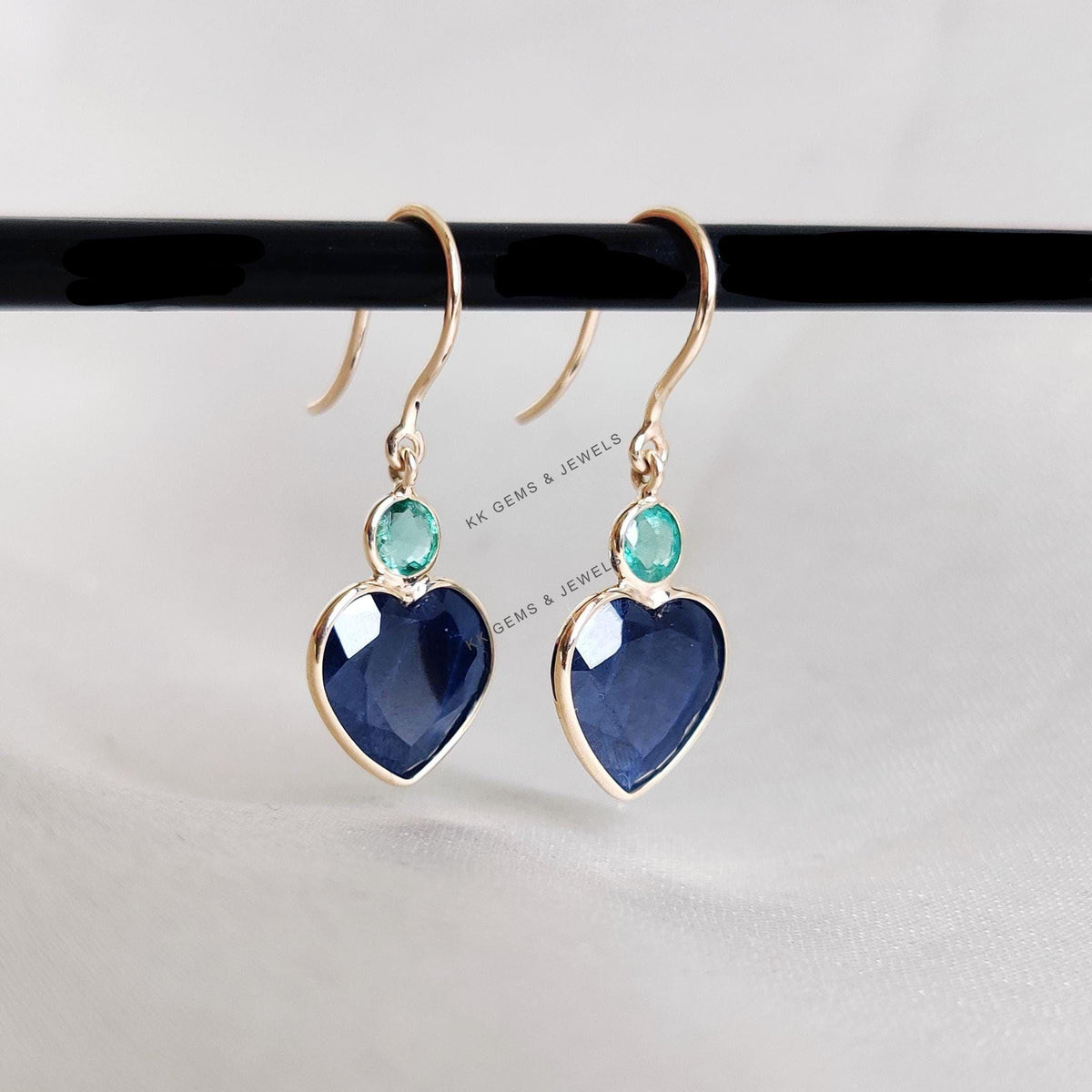 14K Solid Yellow Gold Natural Blue Sapphire & Emerald Heart Earrings, Valentine Jewelry
