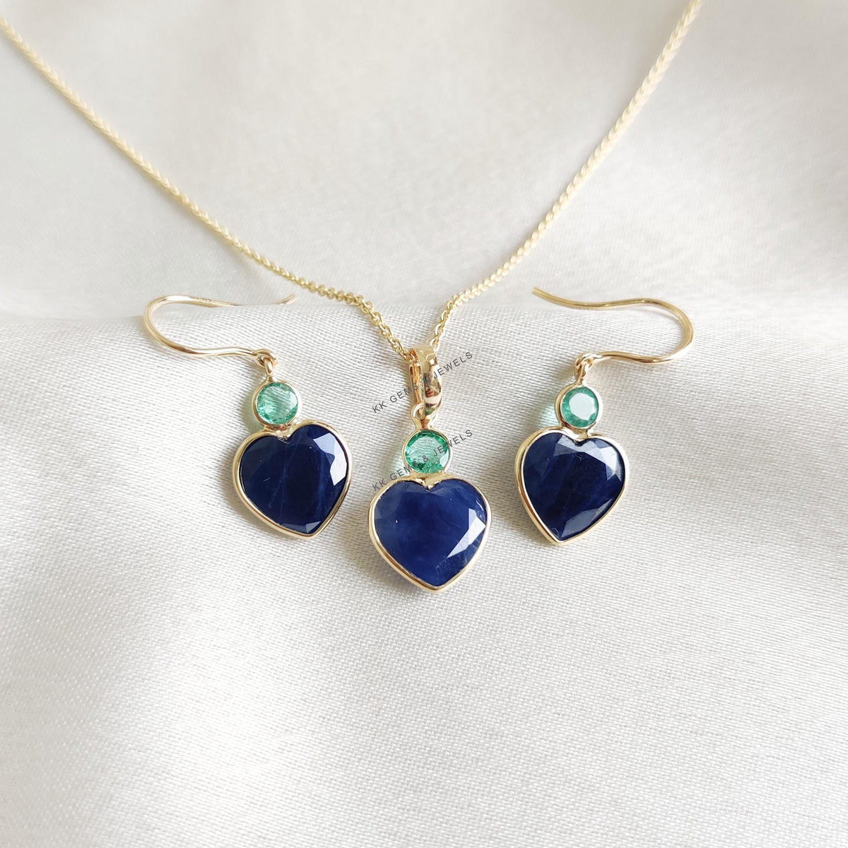 14K Solid Yellow Gold Natural Blue Sapphire & Emerald Heart Earrings, Valentine Jewelry