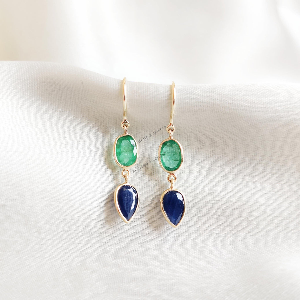 Natural Blue Sapphire & Emerald Earrings, 14K Solid Gold Earrings, Christmas Present