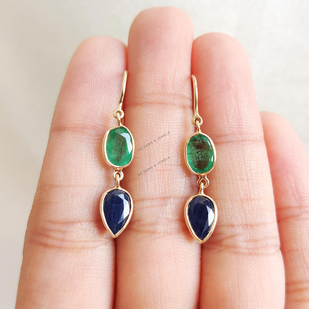 Natural Blue Sapphire & Emerald Earrings, 14K Solid Gold Earrings, Christmas Present