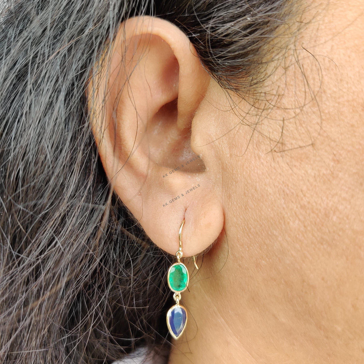 Natural Blue Sapphire & Emerald Earrings, 14K Solid Gold Earrings, Christmas Present