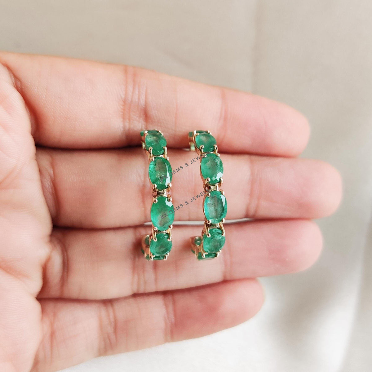 Natural Emerald 14K Solid Yellow Gold Prong Earrings, May Birthstone Hoops