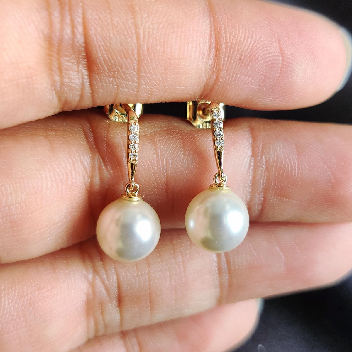 14K Solid Yellow Gold Natural Pearl & Diamond Dangle Earrings, Diamond Accents Jewelry