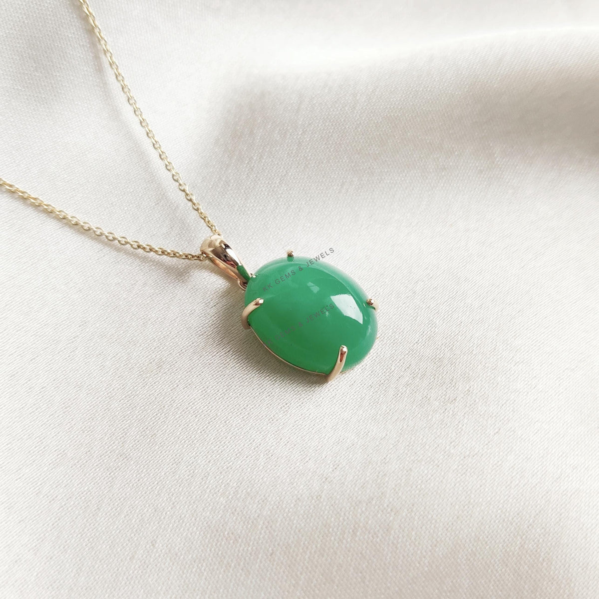 Natural Oval Chrysoprase Pendant, 14K Solid Yellow Gold Prong Setting