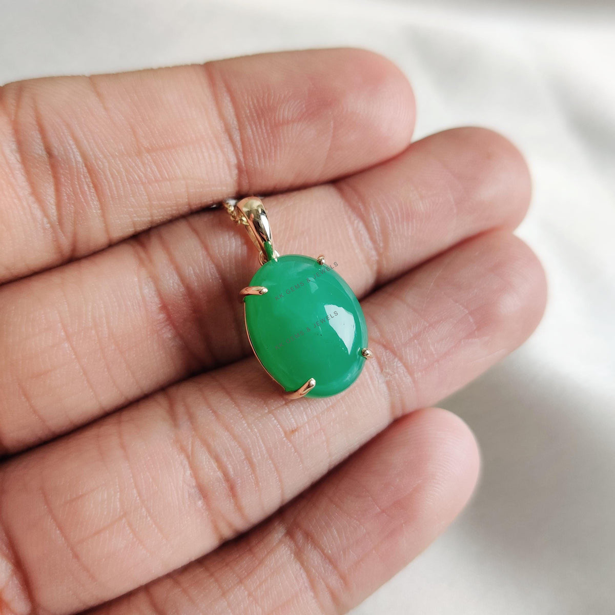 Natural Oval Chrysoprase Pendant, 14K Solid Yellow Gold Prong Setting