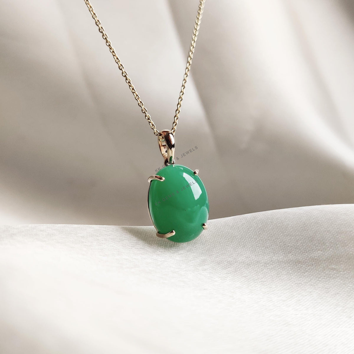 Natural Oval Chrysoprase Pendant, 14K Solid Yellow Gold Prong Setting