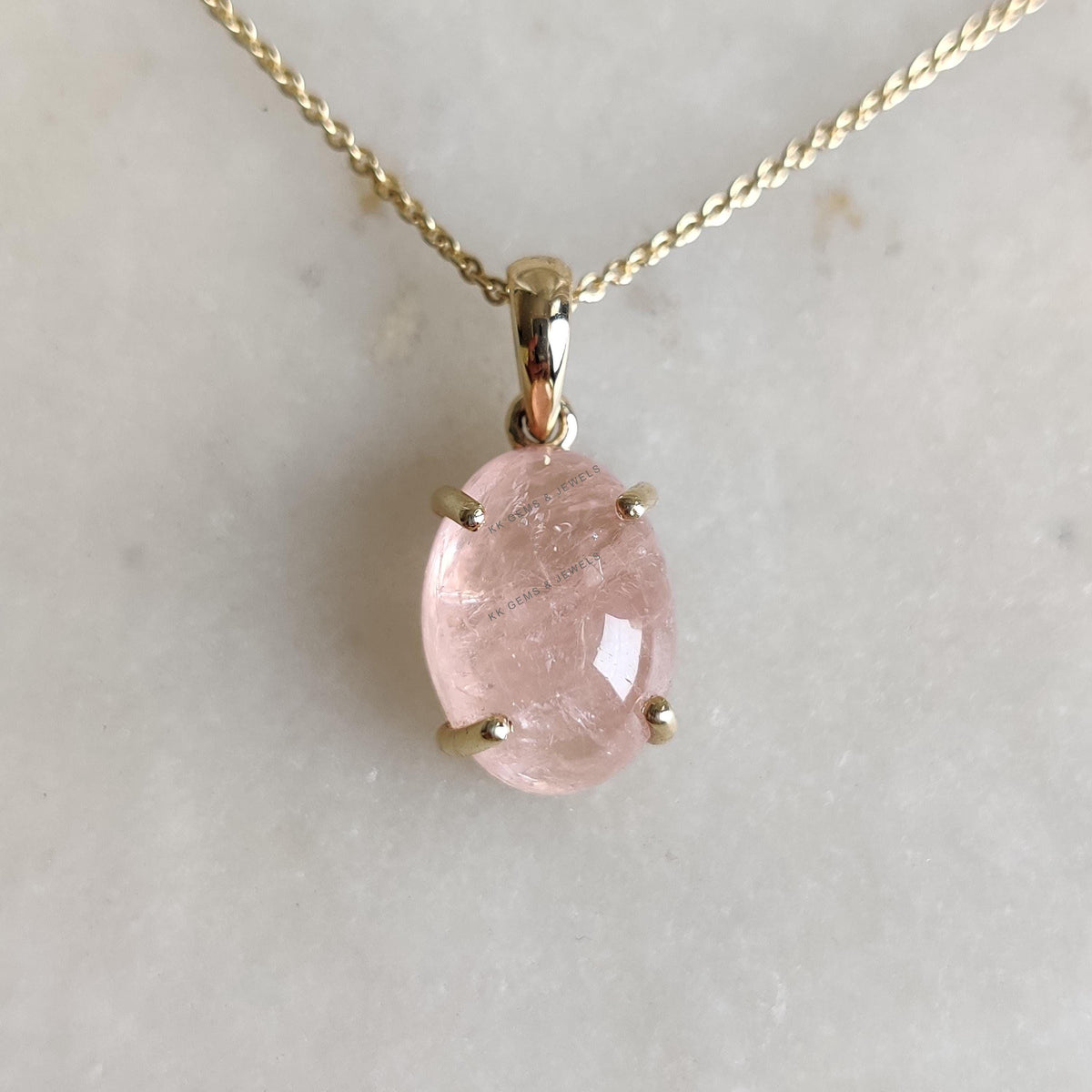 Natural Oval Morganite Pendant, 14K Solid Yellow Gold, Prong Setting