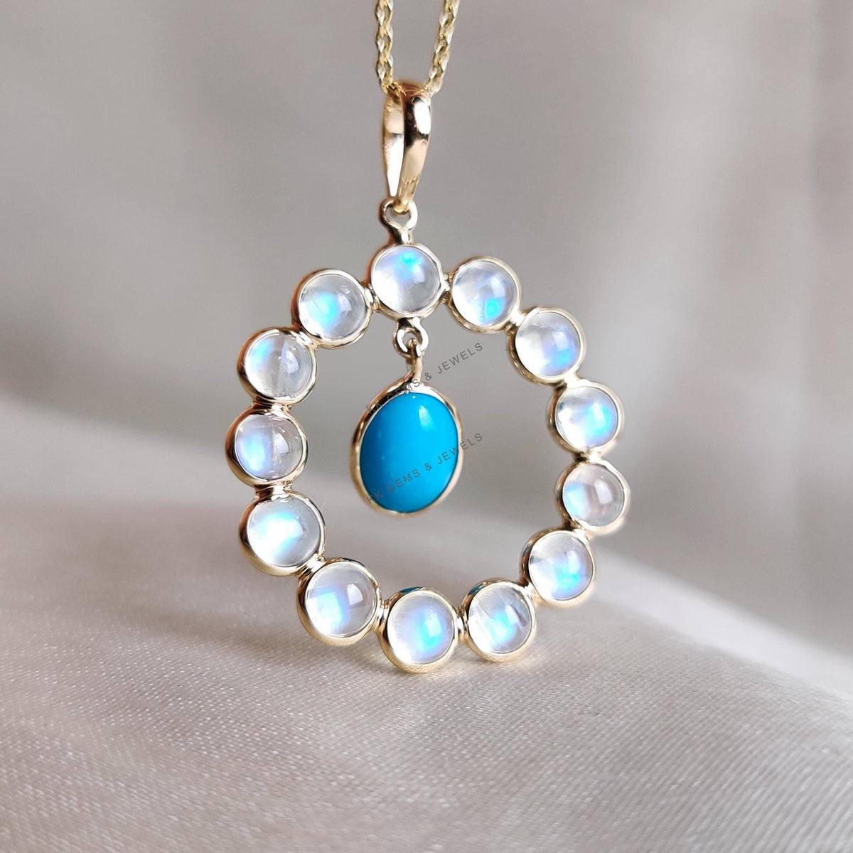 14K Solid Gold Natural Rainbow Moonstone & Turquoise Pendant, June December Birthstone