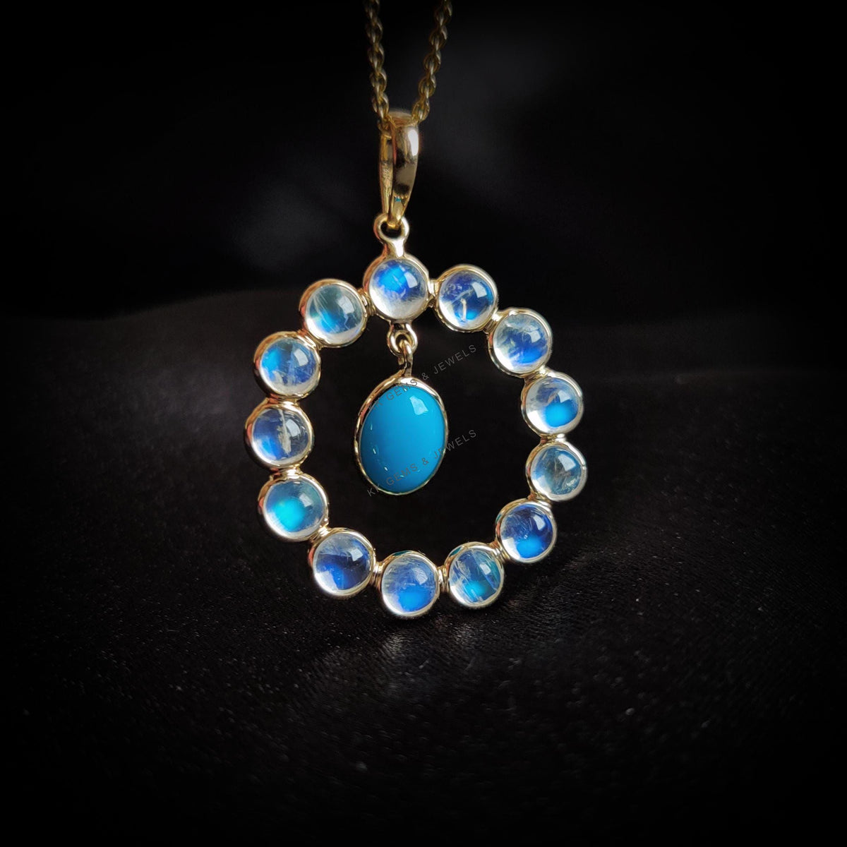 14K Solid Gold Natural Rainbow Moonstone & Turquoise Pendant, June December Birthstone