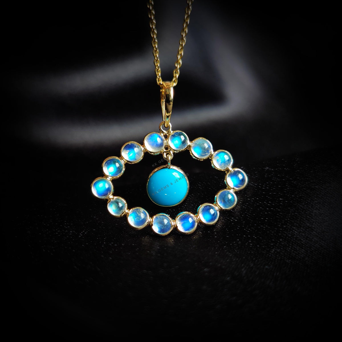 Natural Rainbow Moonstone & Turquoise Pendant, 14K Solid Gold Pendant, June December Birthstone