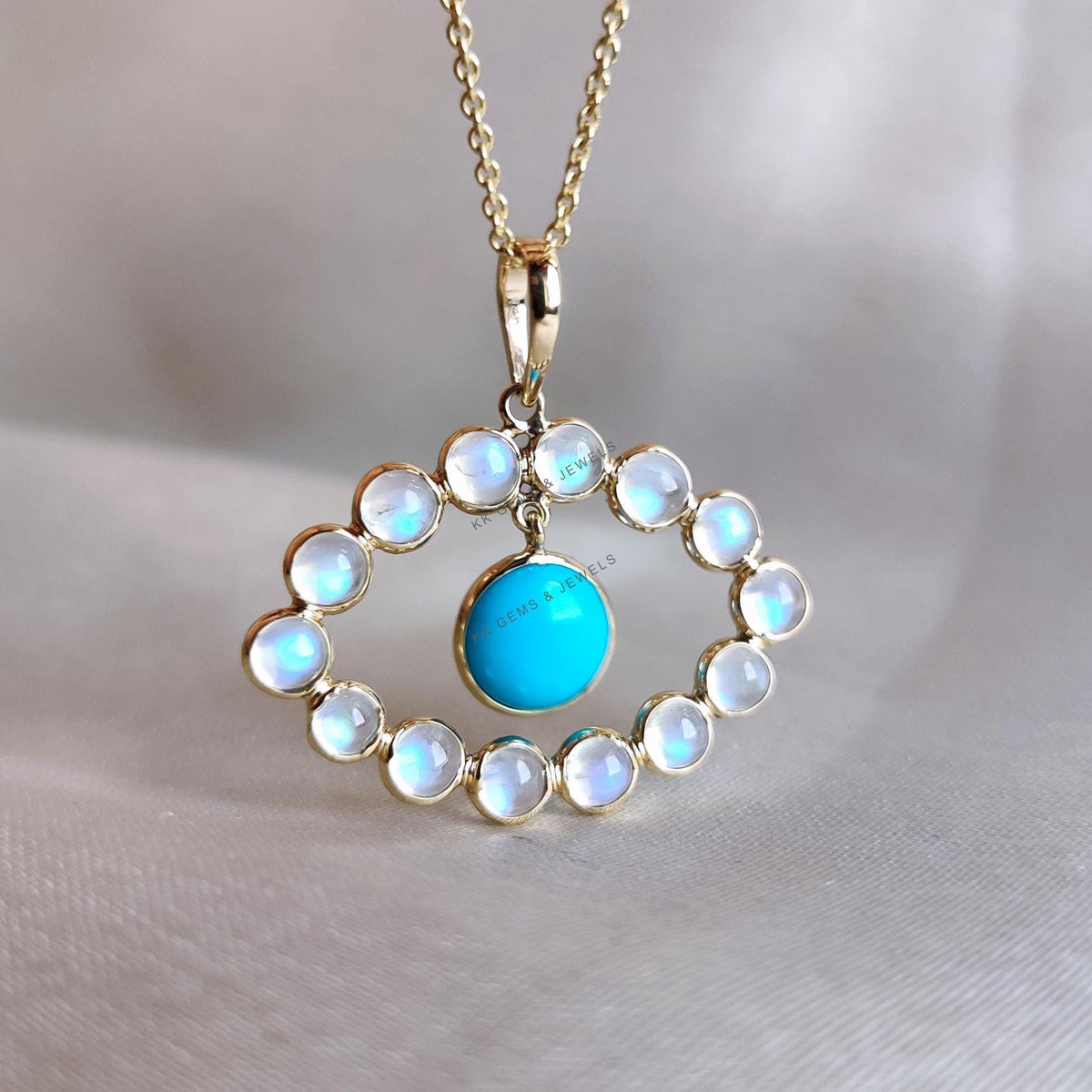 Natural Rainbow Moonstone & Turquoise Pendant, 14K Solid Gold Pendant, June December Birthstone