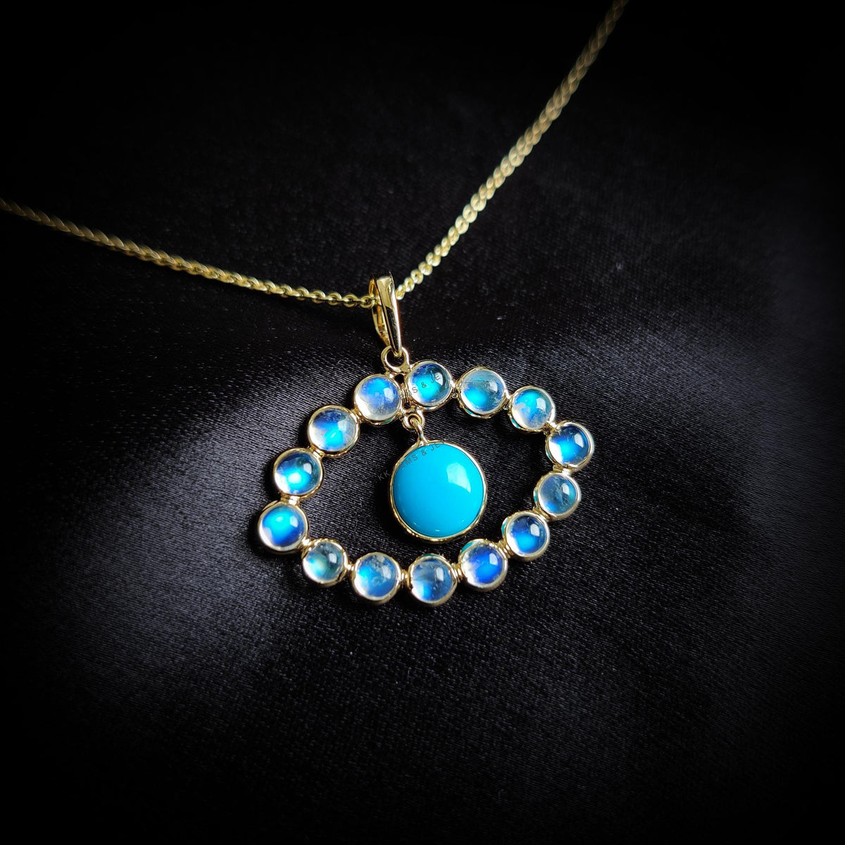 Natural Rainbow Moonstone & Turquoise Pendant, 14K Solid Gold Pendant, June December Birthstone
