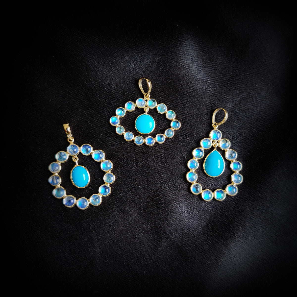 Natural Rainbow Moonstone & Turquoise Pendant, 14K Solid Gold Pendant, June December Birthstone