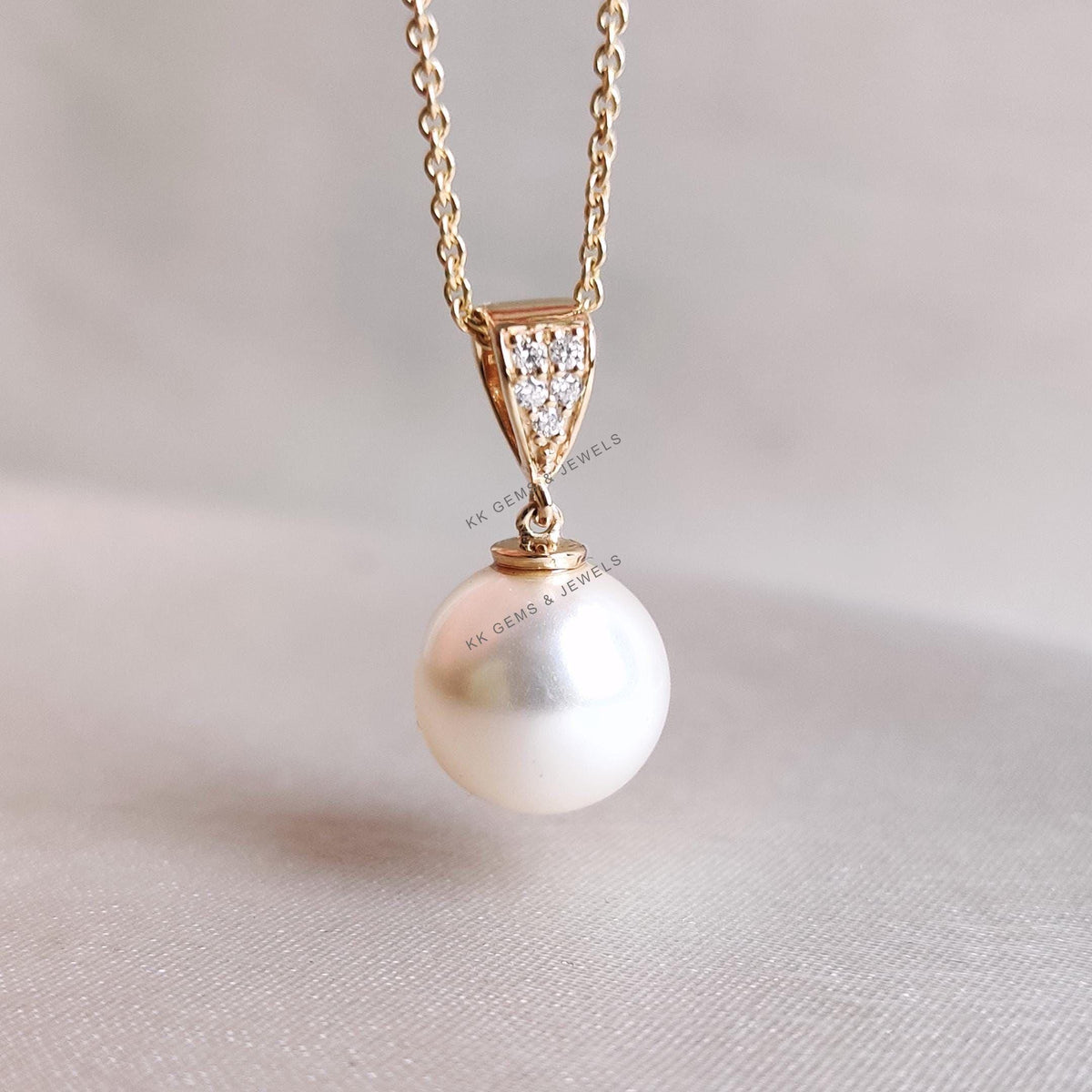 14K Solid Yellow Gold Natural Pearl & Diamond Drop Pendant - June Birthstone
