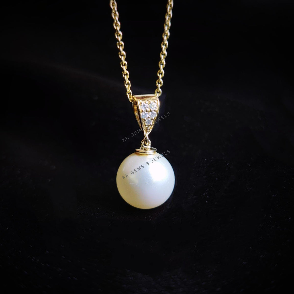 14K Solid Yellow Gold Natural Pearl & Diamond Drop Pendant - June Birthstone