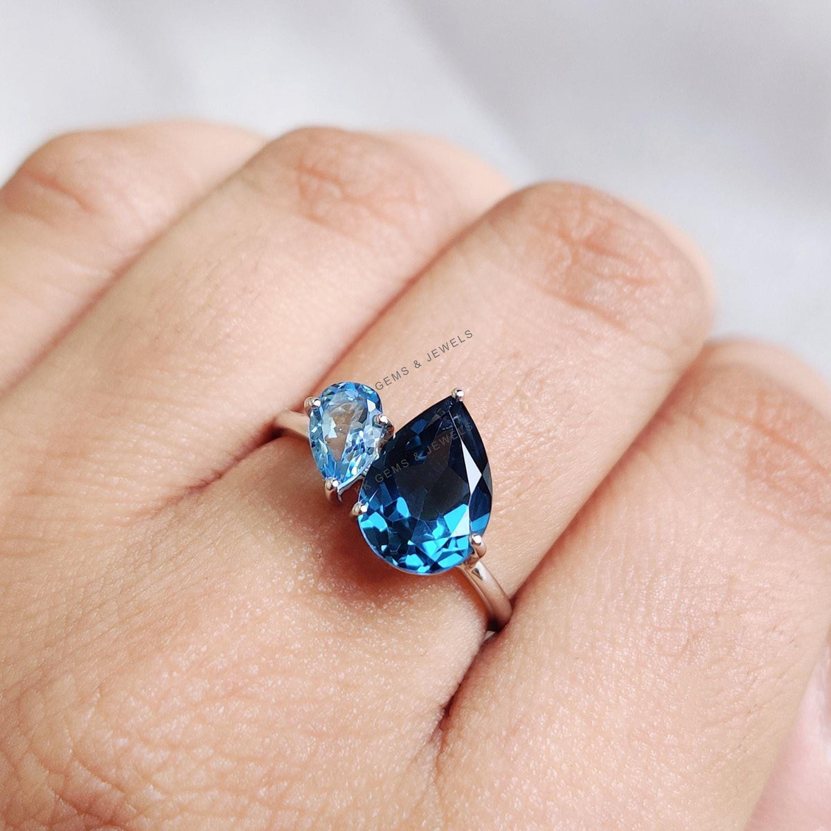 Natural London Blue Topaz & Sky Blue Topaz Ring, Toi et Moi Ring, 14K Solid White Gold, December Birthstone