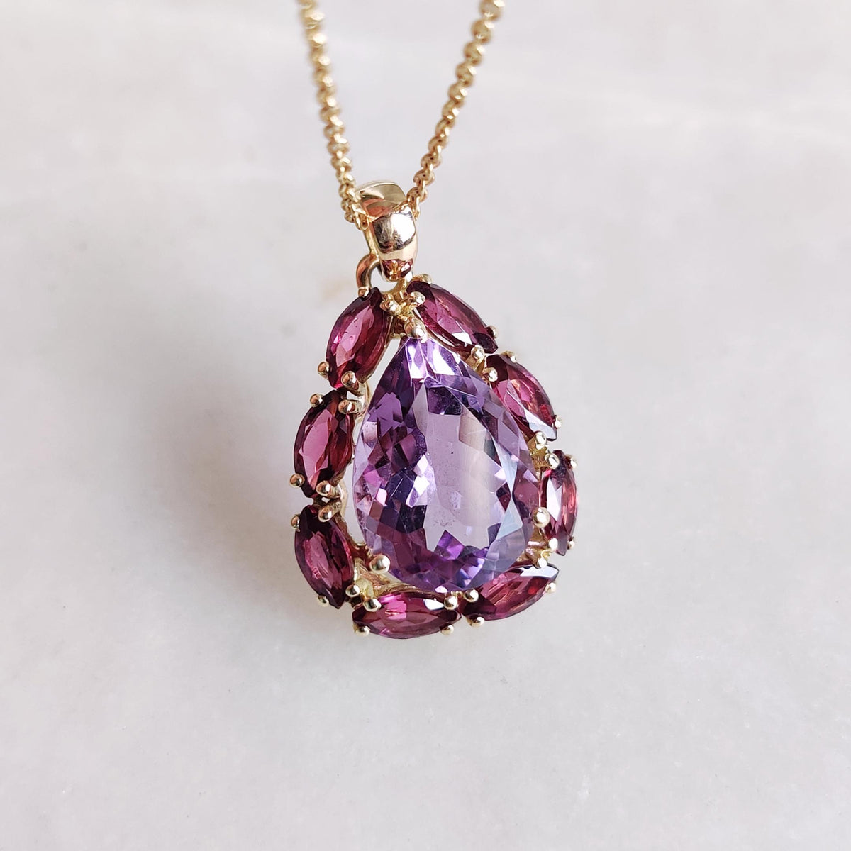 14K Solid Gold Natural Purple Amethyst & Rhodolite Garnet Pendant, February Birthstone