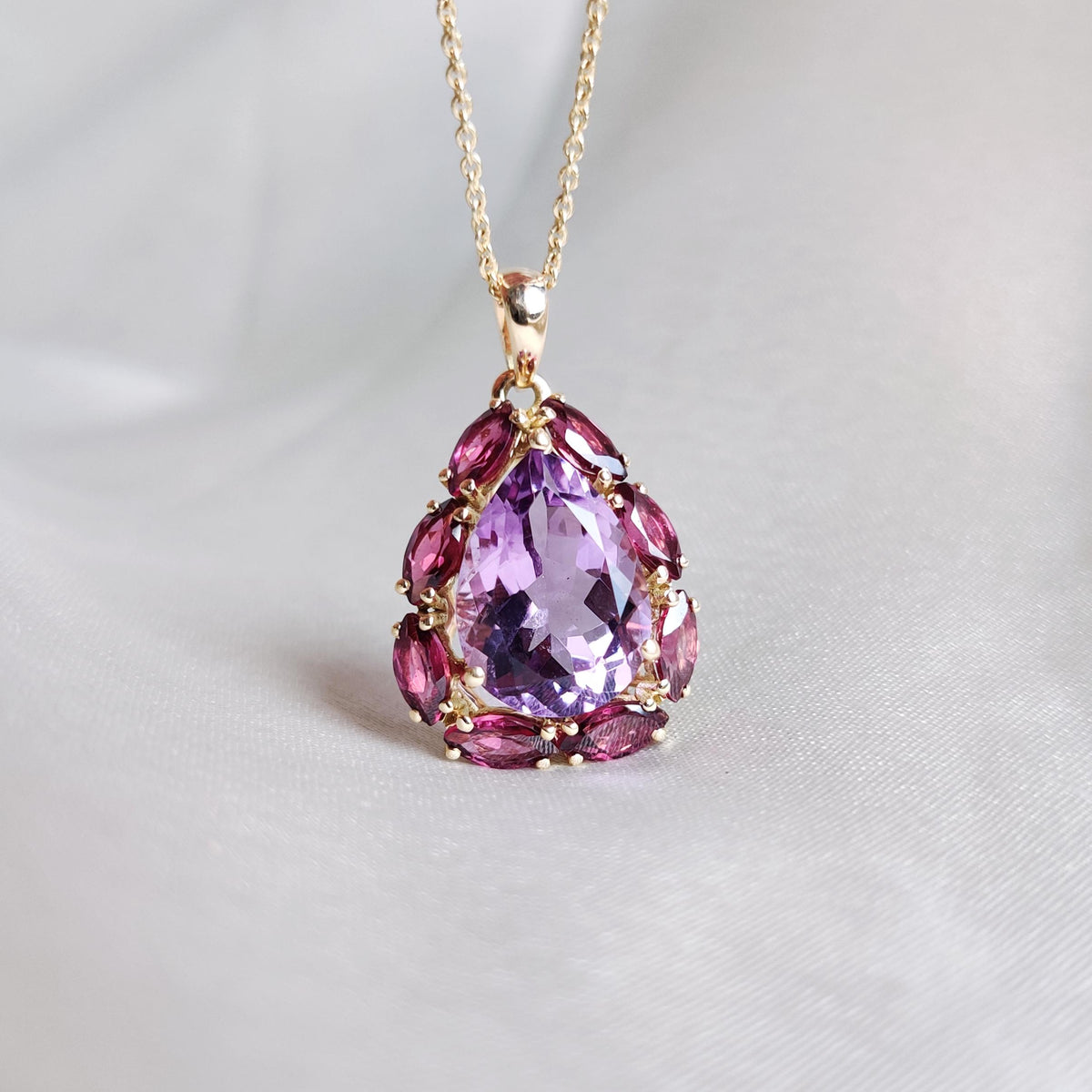 14K Solid Gold Natural Purple Amethyst & Rhodolite Garnet Pendant, February Birthstone