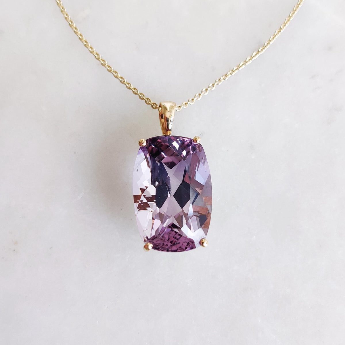 14K Solid Gold Natural Pink Amethyst Prong Pendant, February Birthstone