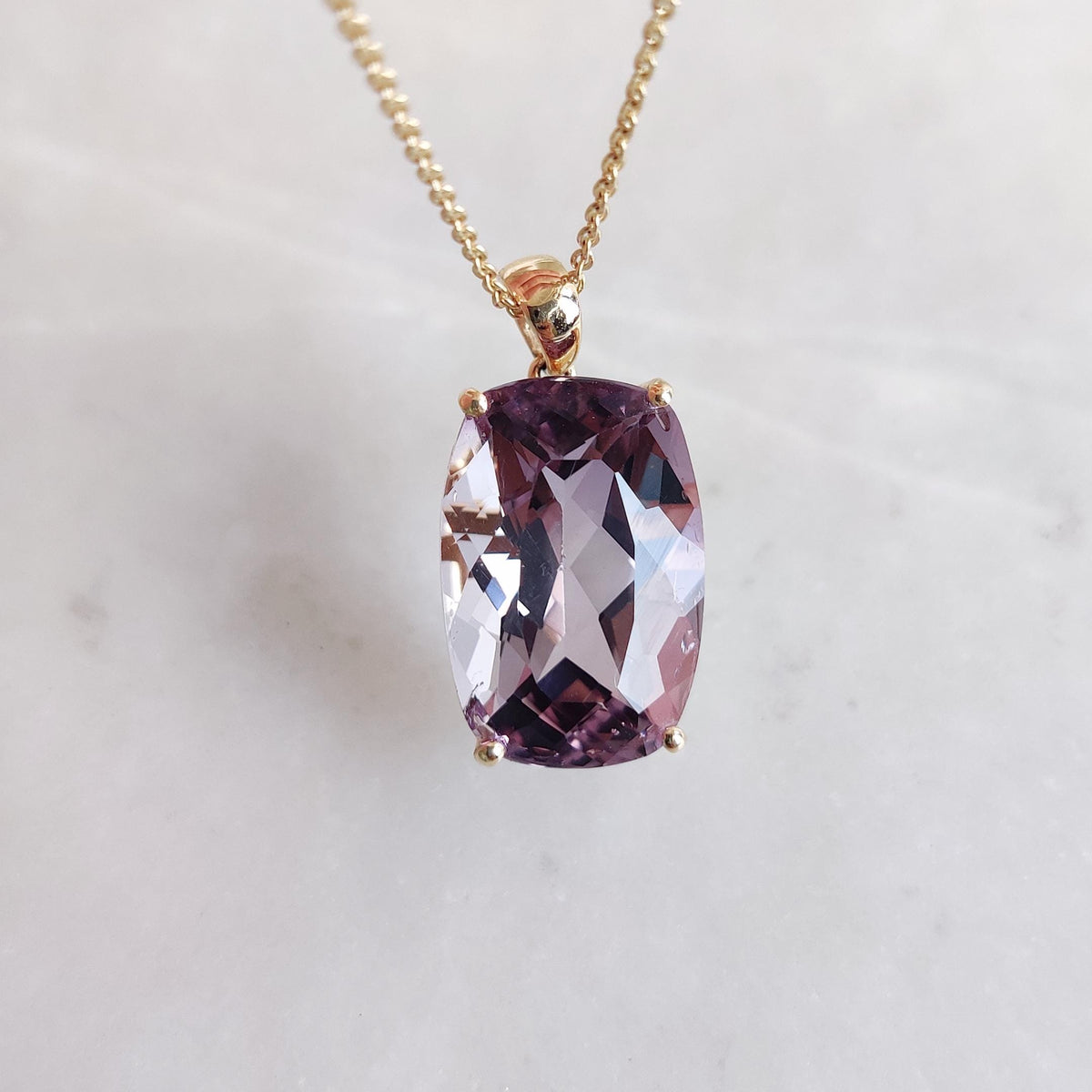 14K Solid Gold Natural Pink Amethyst Prong Pendant, February Birthstone