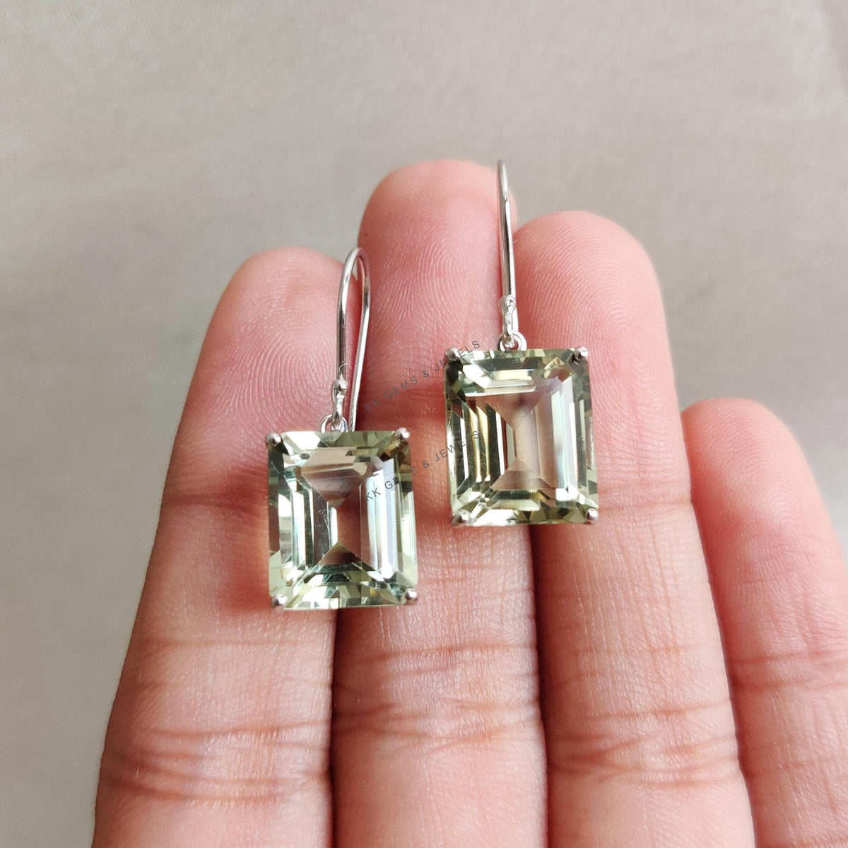 Natural Green Amethyst 14K Solid White Gold Earrings, Octagon Prong Earrings, February Birthstone
