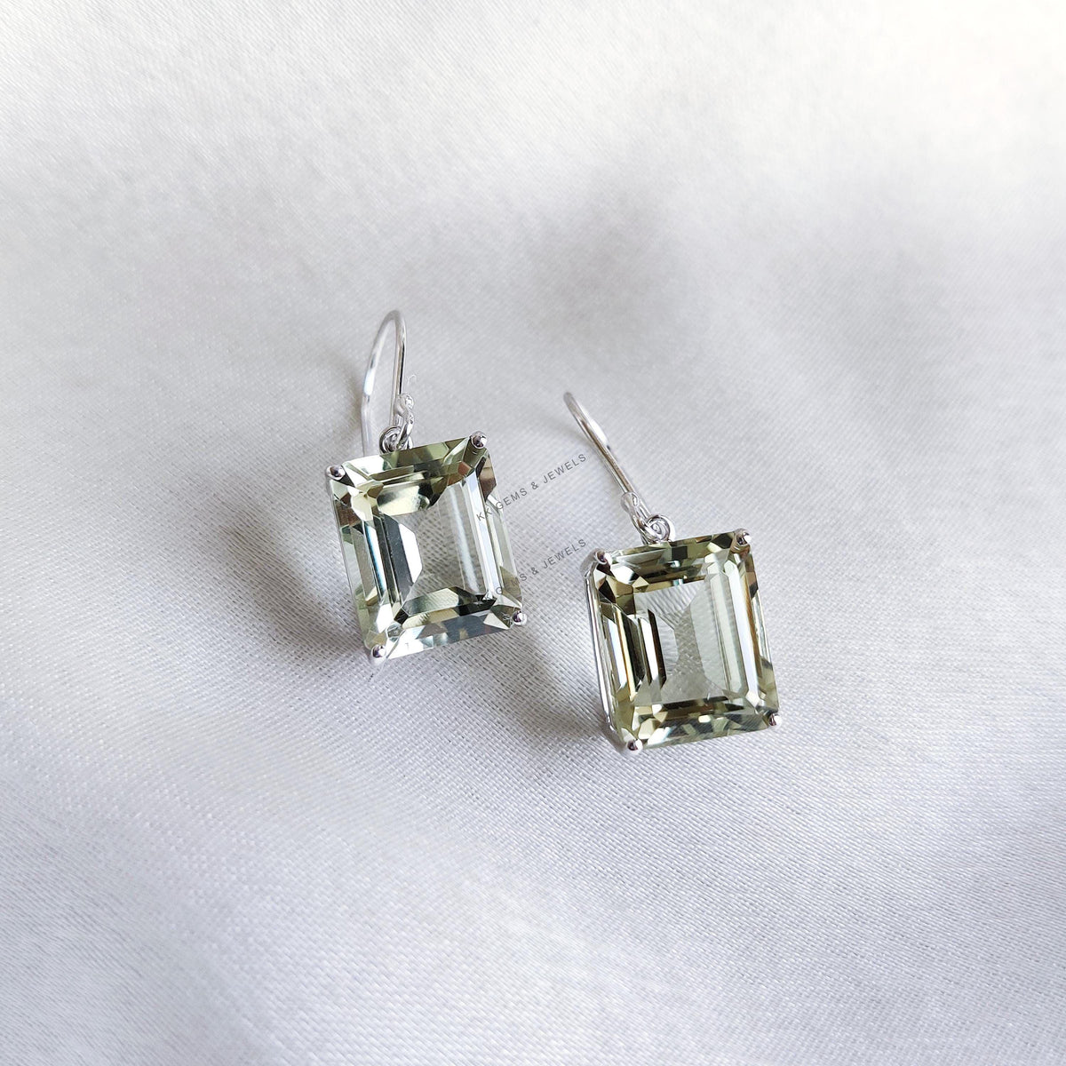 Natural Green Amethyst 14K Solid White Gold Earrings, Octagon Prong Earrings, February Birthstone